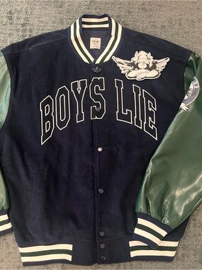 Boys Lie Navy and Green Varsity Jacket with Crest and Lettering